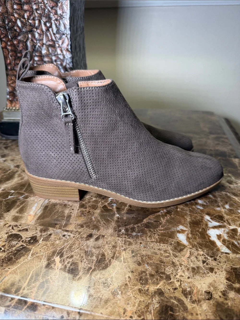 Perforated Taupe Ankle Booties with Side Zip